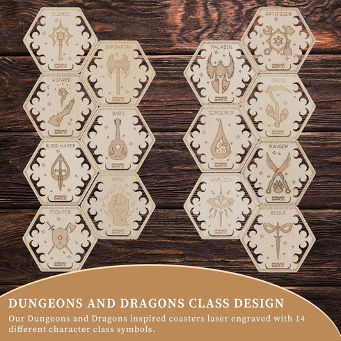 D&D Class Coasters Set of 14 with Holder, Hexagon Gaming Mug Mats, Wooden Laser Engraved DND Classes Icons Gift for