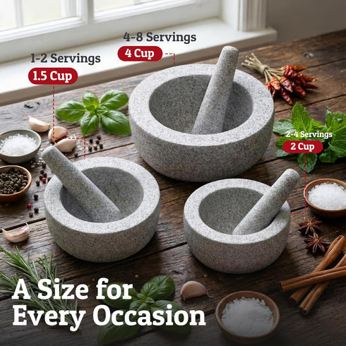 Set, 4 Priority Chef Heavy Duty Extra Large Mortar and Pestle Cup, Hand Carved from Natural Granite, Make Fresh