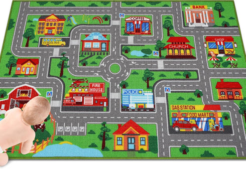 59"x39.4", Kid(59X39.4Inch,Green) Kids Carpet Playmat Rug Car Rug for Kids Cars, Non-Slip Town City Road Map Kids Rugs