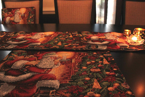 Tache Home Fashion Down The Chimney Santa Claus Christmas Tapestry Table Runner, 13x54, Red, Green, White, Gold