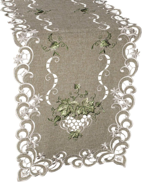 Embroidered Green Leaf Table Runner, Antique Green Fabric Dresser Scarf, Coffee Table Doily (16Wx35L)
