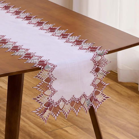 60 inches 16x60) White Dark Red Jacquard Lace Table Runner Long, Claret Dresser Scarf Table Topper for Christmas