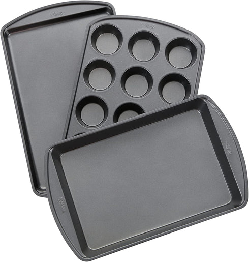 Wilton Perfect Results Non-Stick Baking Sheet, Muffin, and Oblong Pan Bakeware Set, 3-Piece