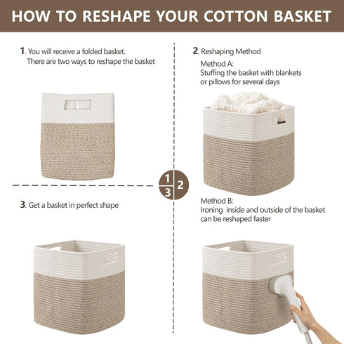 UBBCARE Cotton Rope Storage Basket Set of 4, 11 x 10.5 x 10.5 In, Woven Organizing Bins with Handles, White/Brown