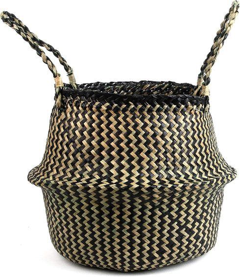 Woven Seagrass Belly Basket for Storage, Plant Pot Basket, Laundry, Picnic, and Grocery Basket (Medium, black strips)