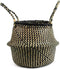 Woven Seagrass Belly Basket for Storage, Plant Pot Basket, Laundry, Picnic, and Grocery Basket (Medium, black strips)