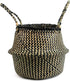 Woven Seagrass Belly Basket for Storage, Plant Pot Basket, Laundry, Picnic, and Grocery Basket (Medium, black strips)