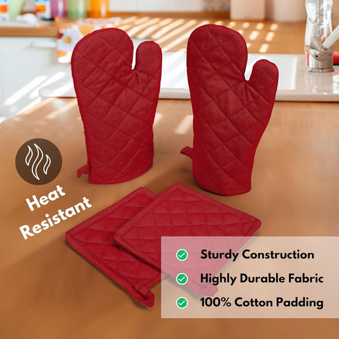 Native Fab Pot Holders and Oven Mitts Set - 4-Piece Kitchen Heat Resistant Cotton Set in Red