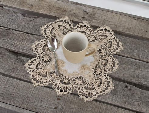Gold European Lace and Antique Jacquard Fabric Doily - 14 Inch Square Placemat