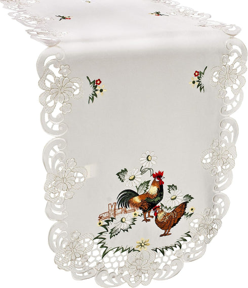 Embroidered Rooster Country Chic Lace Farmhouse Table Runner, Dresser Scarf, Coffee Table