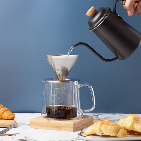 Brew To A Tea BTaT Pour Over Coffee Maker Set, Double Wall Glass, 16 oz, Drip Coffee Maker with Permanent Filter