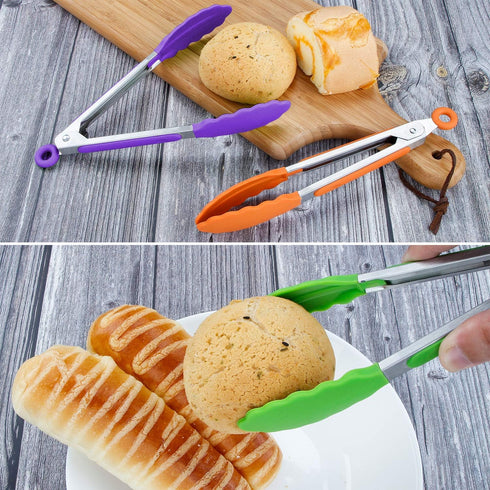 MSY BIGSUNNY Kitchen Food Tongs | 7" Mini Silicone Serving Tongs | Set of 6 in Purple, Red, Orange, Green, Yellow, Blue