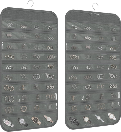 1-Pack Hanging Jewelry Organizer, 80-Pocket Dual-Sided Storage for Earring, Necklace, Bracelet, Ring Travel Holder, Gray