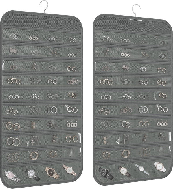 1-Pack Hanging Jewelry Organizer, 80-Pocket Dual-Sided Storage for Earring, Necklace, Bracelet, Ring Travel Holder, Gray