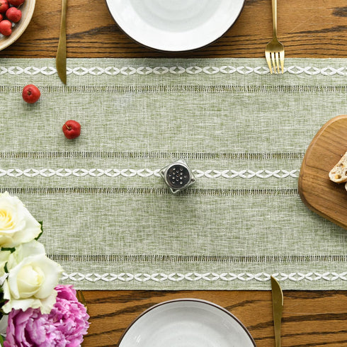 13x72 Inch Artoid Mode Sage Green Rustic Cotton Linen Table Runner, Seasonal Embroidered Hollow Kitchen Dining Table