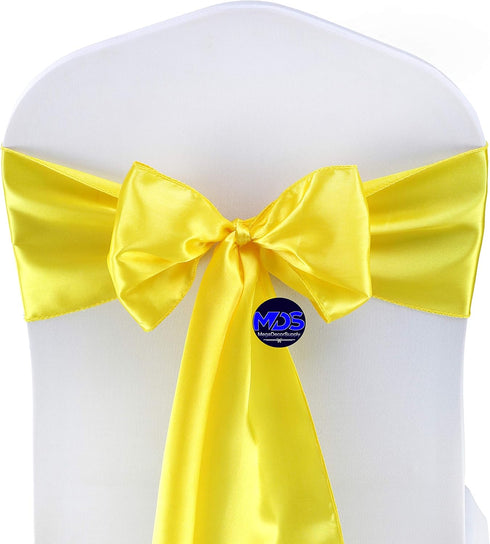 MDS Satin Chair Sashes Pack of 50 PCS, Charmeuse Sateen Dining Chair Bows, Yellow, 7 x 108 Inch for Wedding Party