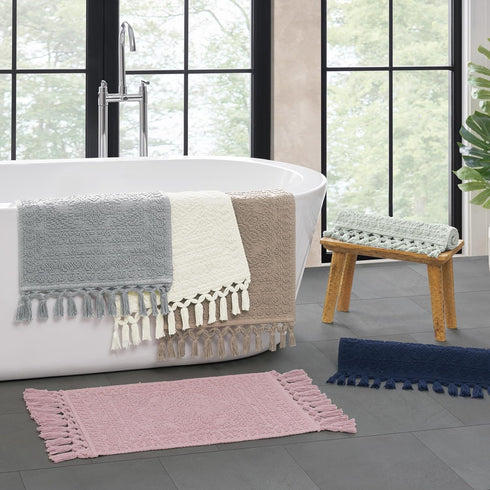 French Connection Nellore Bathroom Rugs, Woven and Beaded, 17" x 28", Navy, Durable Bath Mats