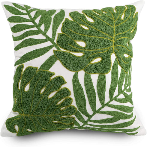 Embroidery Throw Pillow Covers 18x18 - 100% Cotton Canvas Cushion Cover with Tropical Green Leave Design