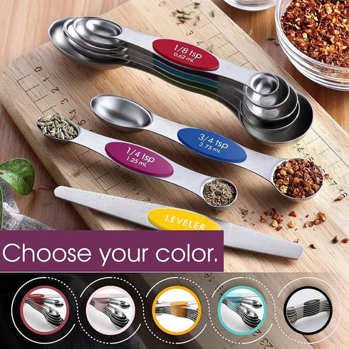 Spring Chef Stainless Steel Magnetic Measuring Spoons Set, Heavy Duty Metal Kitchen Essentials, Set of 8.