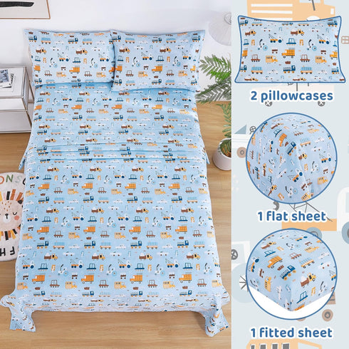 4 Set Sets Viviland Pieces Boys Blue Truck Full Sheet - Soft Microfiber Fitted Flat Sheets & Pillowcases - Construction