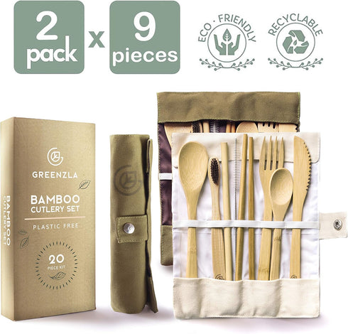 Greenzla 2-Pack Bamboo Utensils Set, Natural Bamboo Cutlery with Bonus 2 Bamboo Toothbrushes and Storage Bags
