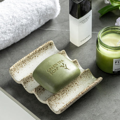 Soap Dish for Shower, Self Draining Bar Soap Holder for Shower, Ceramic Bathroom Soap Saver with Fluted Design