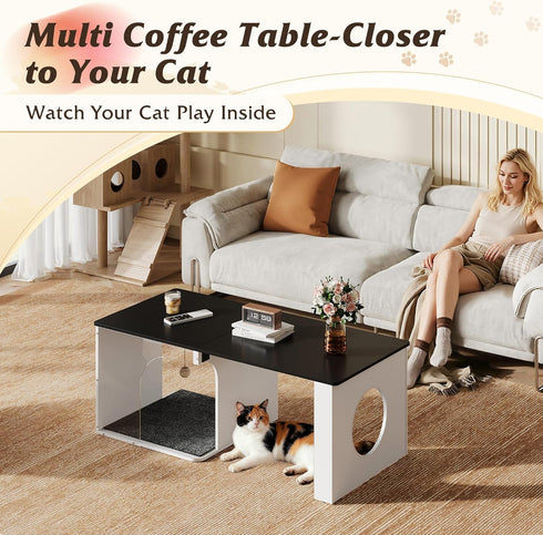 2-in-1 WLIVE Coffee Table, Cat Wood Coffee Table with Lagre Storage Tabletop, Modern Center Table Cat House with Cat