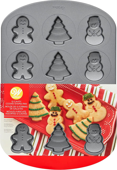Wilton Non-Stick Christmas Cookie Shapes Pan | 12-Cavity Gingerbread Man, Tree, Snowman