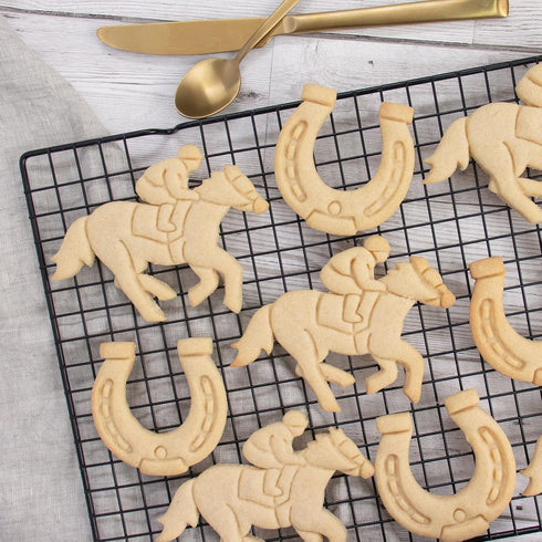 Set of 2 Jockey Cookie Cutters, Designs: Jockey and Horse Shoe, 2 Pieces - Bakerlogy