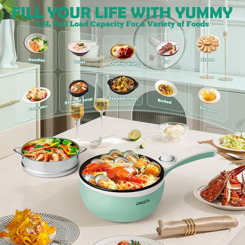 Dezin Hot Pot Electric Upgraded, Non-Stick Sauté Pan, 1.5L Mini Portable Hot Pot for Steak, Egg, Fried Rice
