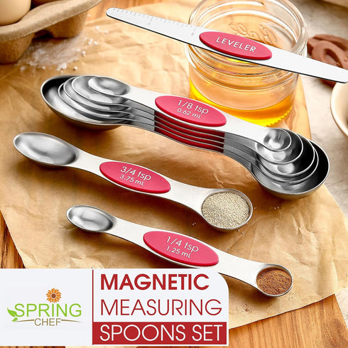 Spring Chef Pink Stainless Steel Magnetic Measuring Spoons Set of 8 with Leveler for Baking and Cooking Ingredients