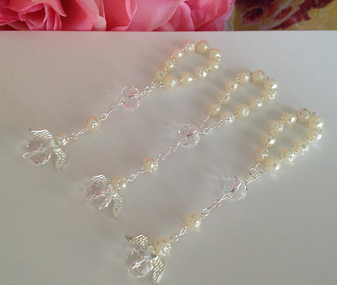 25 Pc Ivory Color Baptism Favors with Angels, Mini Rosaries, Silver Plated Acrylic Beads