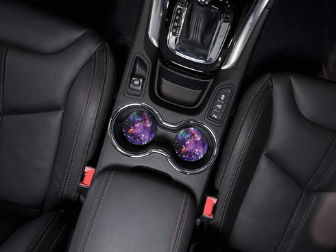 Purple Marvel Nebula Galaxy Design ROUND Fabric Felt Neoprene Car Coasters for Drinks, 2pcs Set