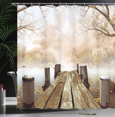 Ambesonne Fall Wooden Foggy Scene Lake River Print Shower Curtain - Extra Long, Beige Brown Taupe