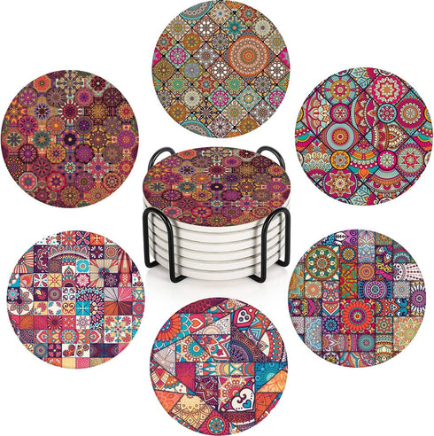 Britimes Coaster for Drinks Set of 6, Vintage Ottoman Flower Mexican Mandala