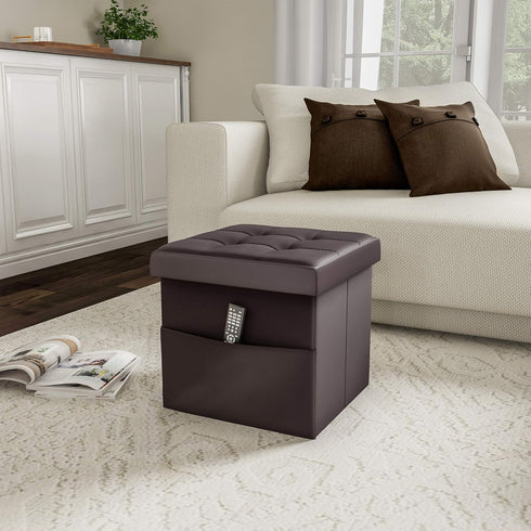 Lavish Home Foldable Storage Cube Ottoman with Pocket Tufted Faux Leather Footrest Organizer for Bedroom, Living Room