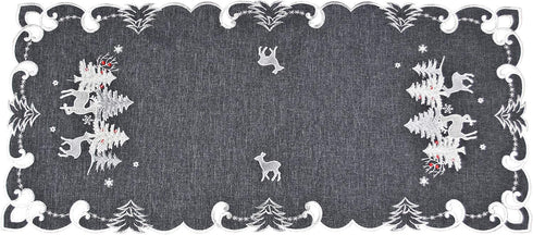 Embroidered Christmas Holiday Table Runner, Silver Reindeer & Scene on Dark Gray, Rectangle 16Wx33L