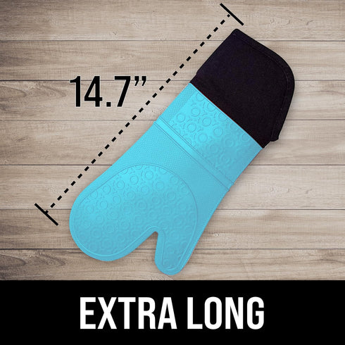 Extra Long Professional Silicone Oven Mitt, Heat Resistant Pot Holders, Flexible Gloves, Aqua, 1 Pair