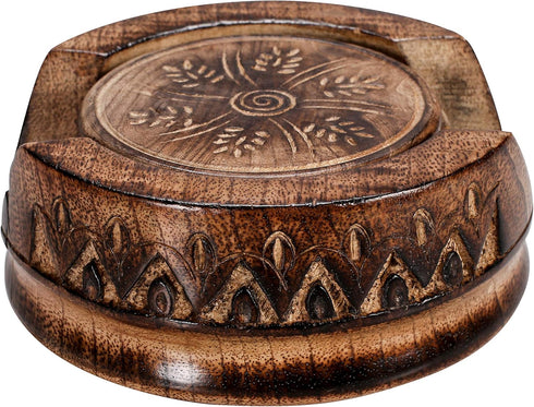 Set 6 Handmade Wooden Coaster of with Lotus Shaped Holder Rustic Drink Coasters for Tea, Coffee, Wine, Bar & Home Decor
