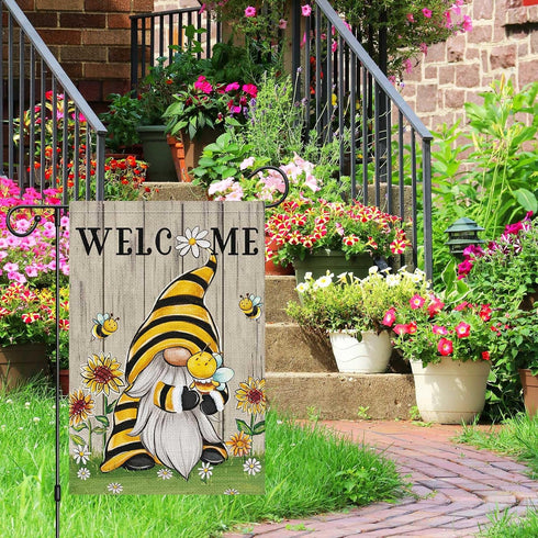 Welcome Summer Gnome Garden Flag, Spring Summer Bee Sunflower 12x18 Double Sided Burlap House Flag