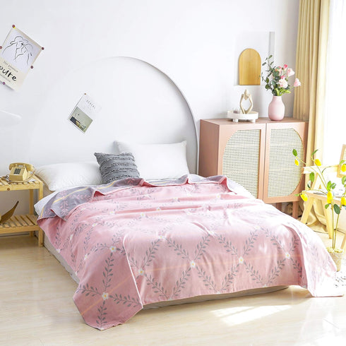MEJU Summer 100% 2 60 80 Flower Muslin Lightweight Blanket for Bed Sofa Couch, Combed Cotton Layer Soft Warm Quick Dry