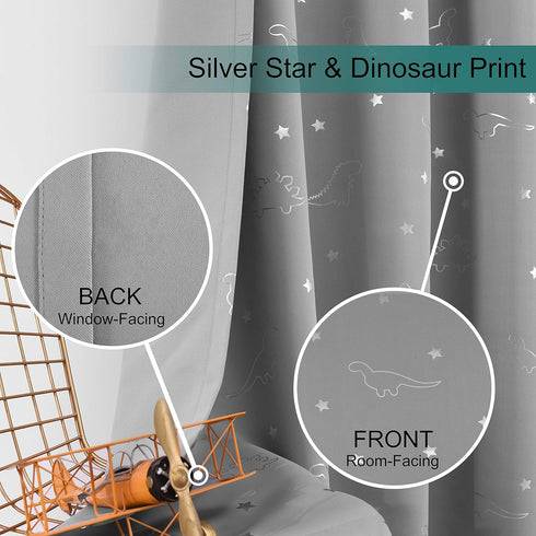 42 84 Inch, Set 2 LORDTEX Dinosaur and Star Foil Print Blackout Curtains for Kids Room - Thermal Insulated Curtains