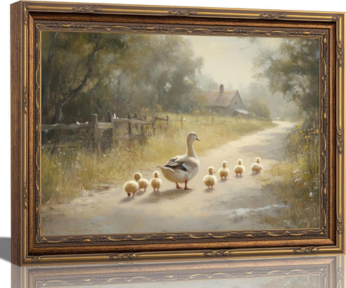 xikafou 3D Textured Canvas Wall Art Vintage Carved Gold Frame Duck With Ducklings