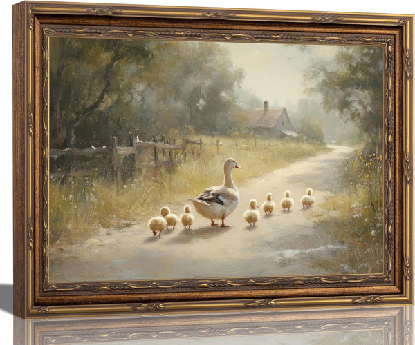 xikafou 3D Textured Canvas Wall Art Vintage Carved Gold Frame Duck With Ducklings