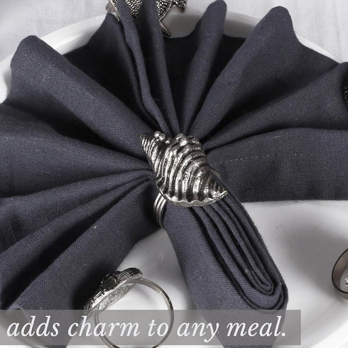 ALPHA Living HOME Silver Napkin Rings - 12-Piece Set of Premium 100% Metal, Antique Coastal Sea Shell Tabletop D cor