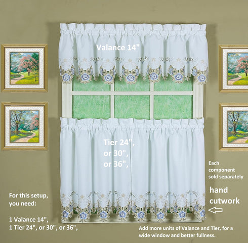 Today's Curtain Verona Reverse Embroidery Tier - 36", White/Blue, 60" W x 36" L
