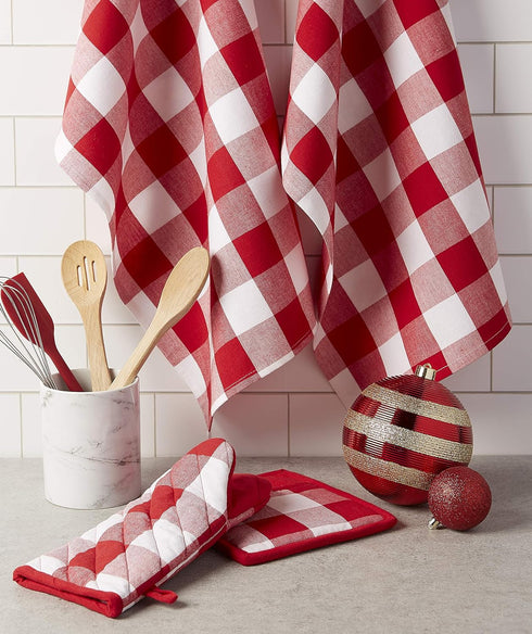 DII Buffalo Check Kitchen Collection, Classic Farmhouse Dishtowel Set, 20x30, Red & White, 3 Piece