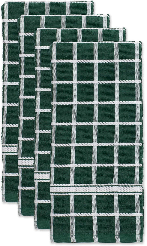 DII Basic Terry Collection Windowpane Dishtowel Set, 4 Piece, 16x26, Dark Green Check