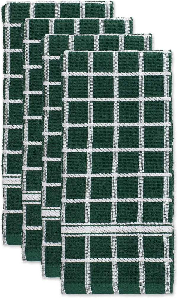 DII Basic Terry Collection Windowpane Dishtowel Set, 4 Piece, 16x26, Dark Green Check