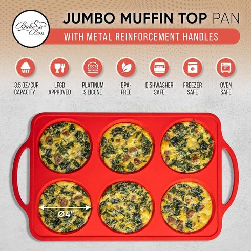 Silicone Muffin Top Pans for Baking - 4 Inch Jumbo Size Egg Baking Pan - Silicone Whoopie Pie Baking Pans - RED by BAKE BOSS